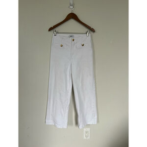 White High Waist Wide Leg Cropped Ankle Stretch Pants Nautical Marine Fisherman